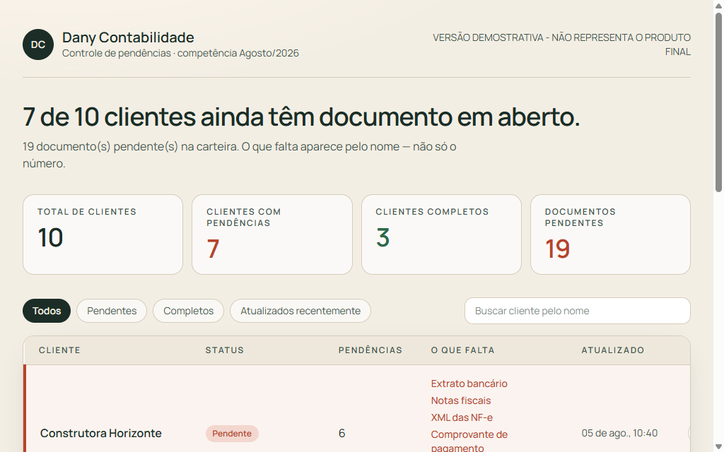 Interface do sistema de documentos para contabilidade