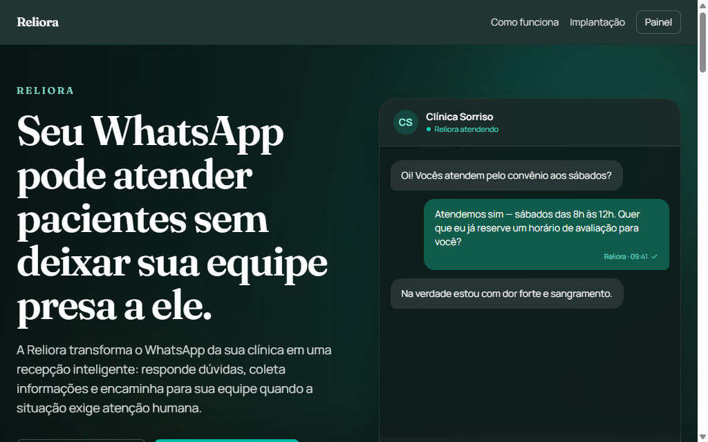Painel do Reliora com conversas e atendimentos da clínica